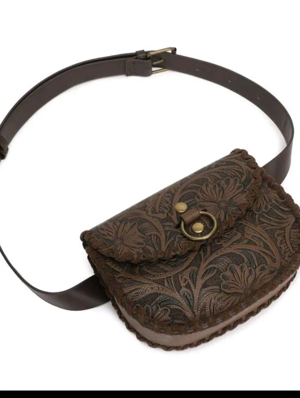 Brown Tooled Faux Leather Belt Bag